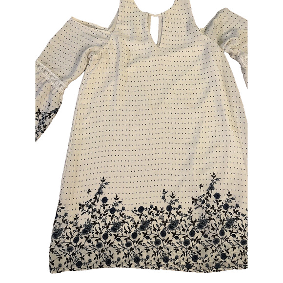 Cold Shoulder Tunic Bell Sleeves Ivory & Navy Floral Flowy Women's Small - Picture 2 of 5